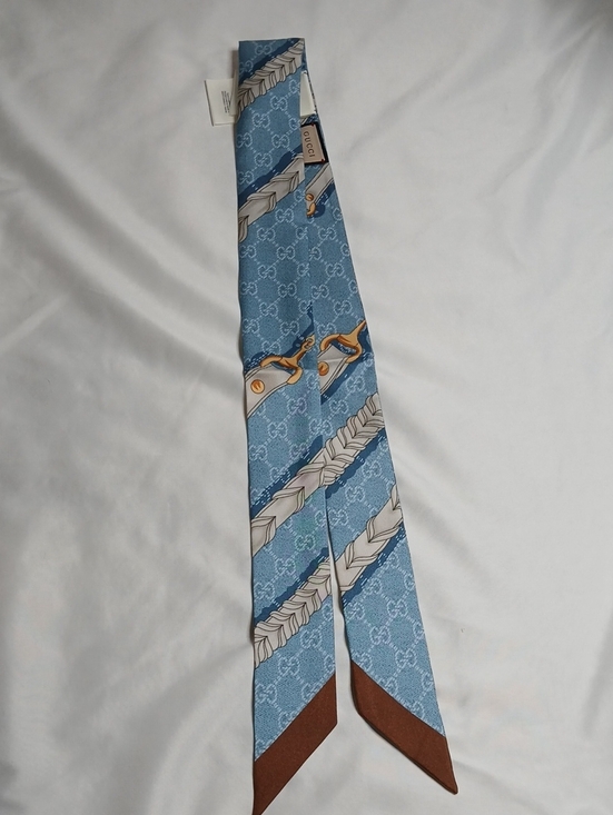 Gucci Accessories - Gucci Blue Silk Twilly with Brown Tip and Equestrian Motif